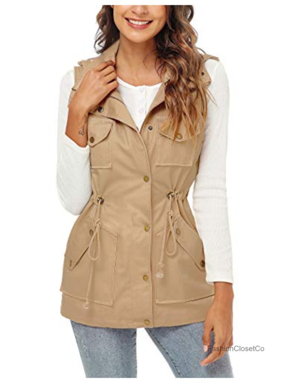 Utility Vest Drawstring Waist Military Sleeveless Jacket